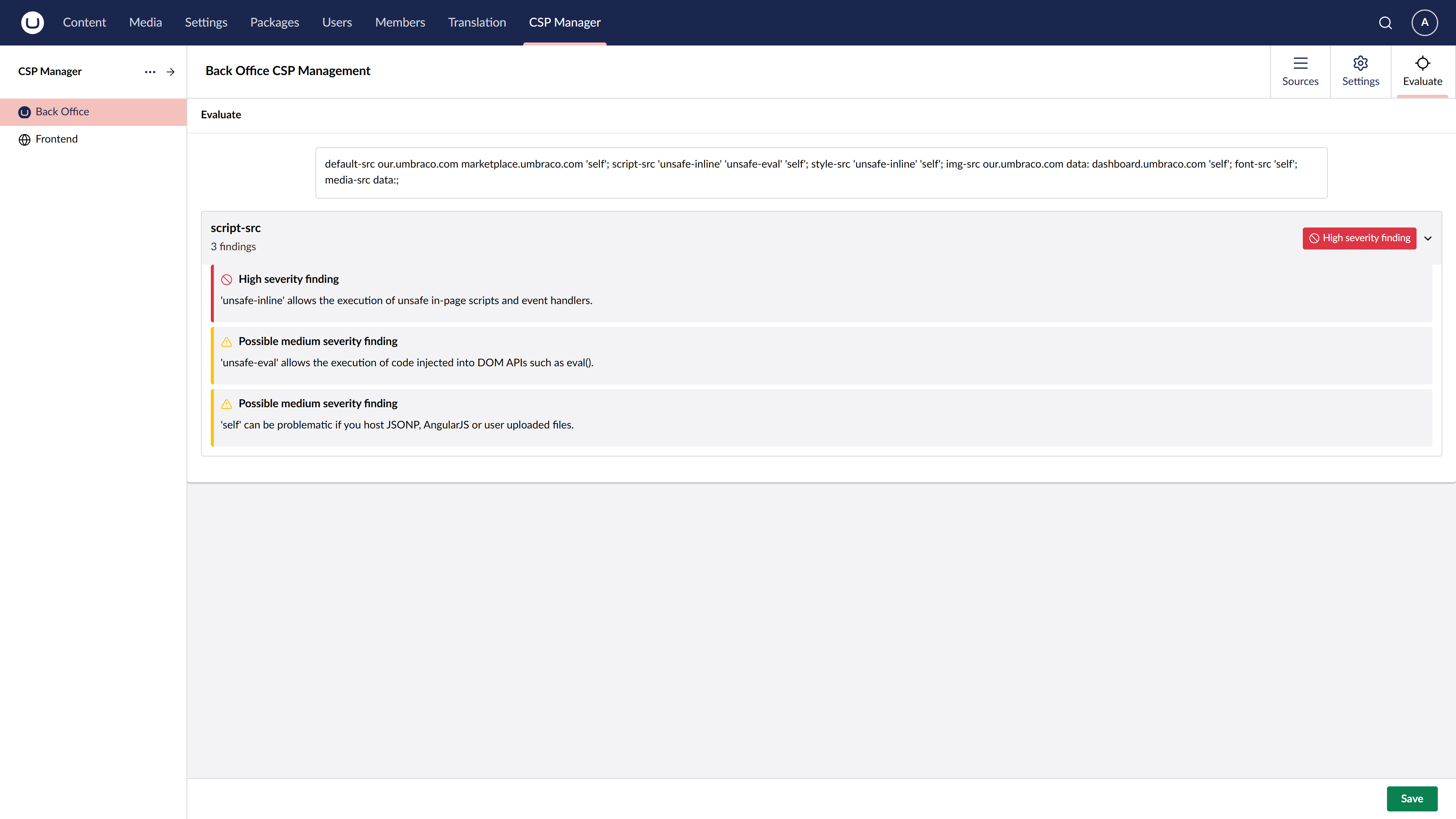 CSP Evaluation section