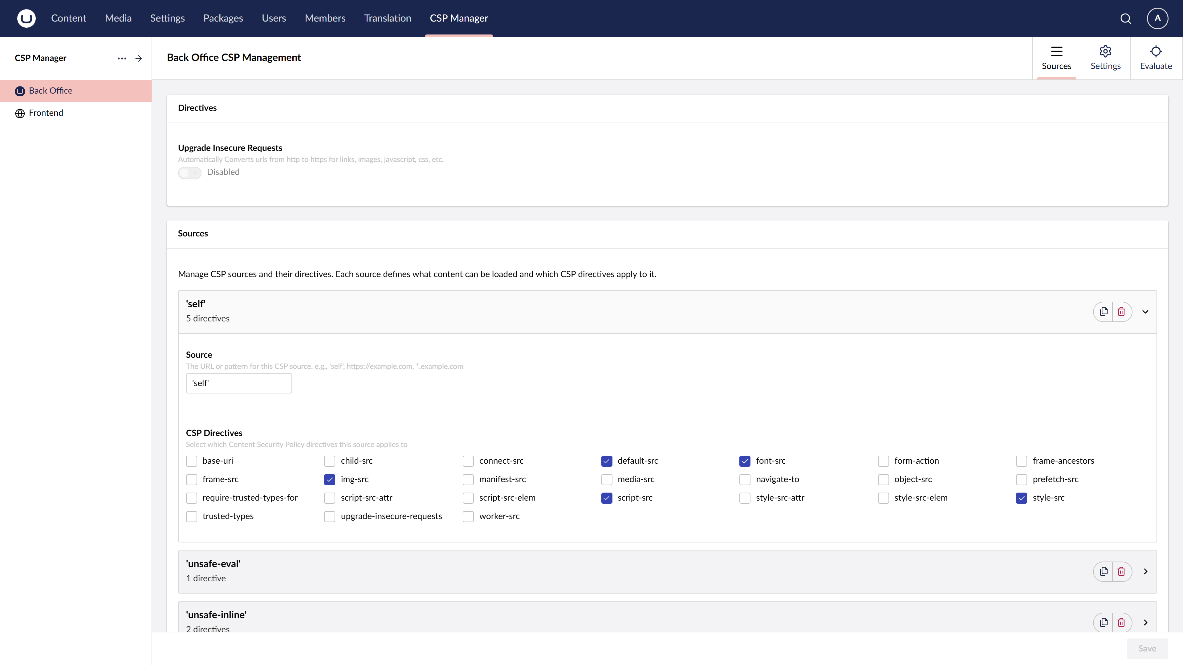 CSP Management section Policy management screen