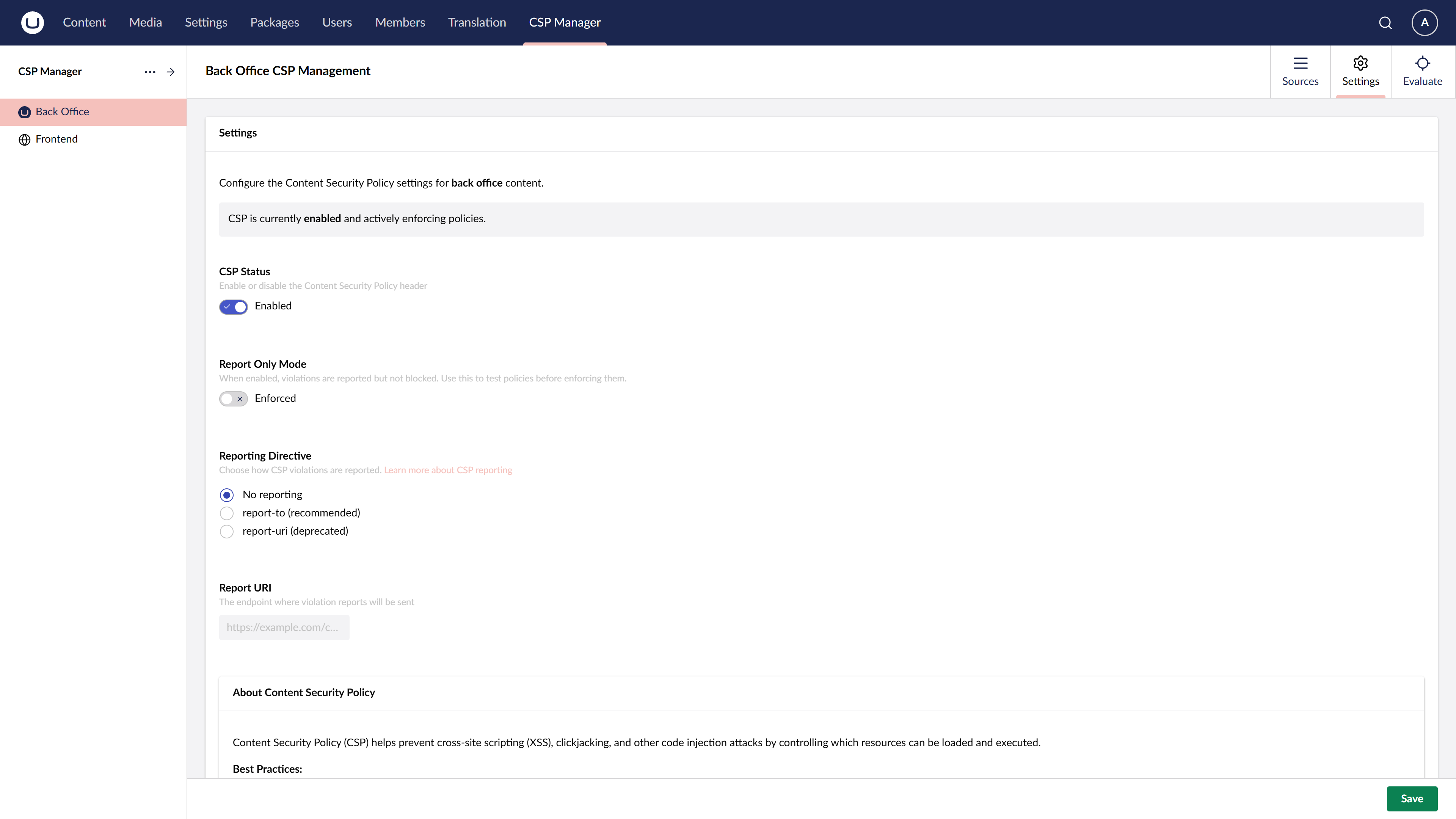 Policy Settings section